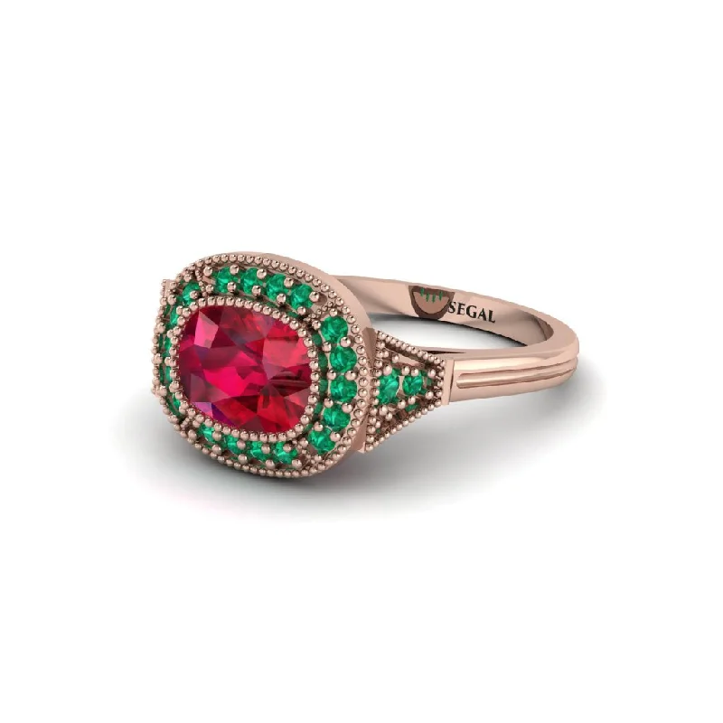 Cushion Cut Ruby Milgrain Halo Engagement Ring - Blake No. 26