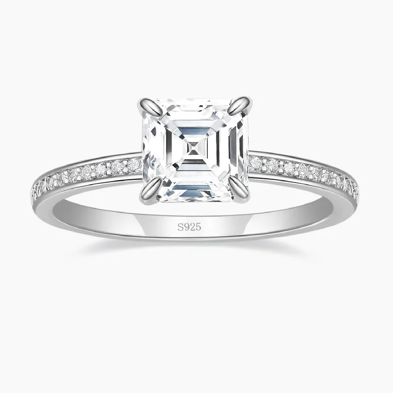 Asscher Cut Engagement Ring with Pave CZ Stones