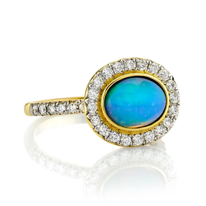 geometric rings for women -18k Yellow Gold Opal & Diamond Halo Ring