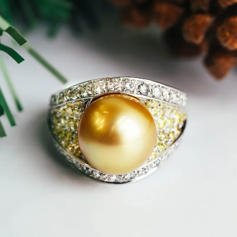 delicate chain rings for women -Golden Pearl Ring with Diamond Accents