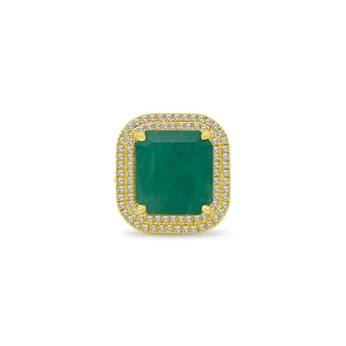 modern minimalist rings for women -Emerald Cut Emerald Ring with a Double Diamond Halo