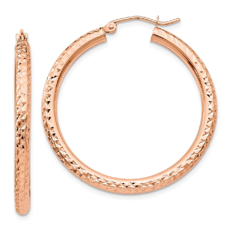 delicate charm earrings for women -3mm x 35mm 14k Rose Gold Large Diamond-Cut Round Hoop Earrings