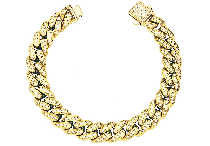 chunky gold bracelets for women -Men's 12mm Gold Stainless Steel Iced Out Miami Cuban Link Chain Bracelet