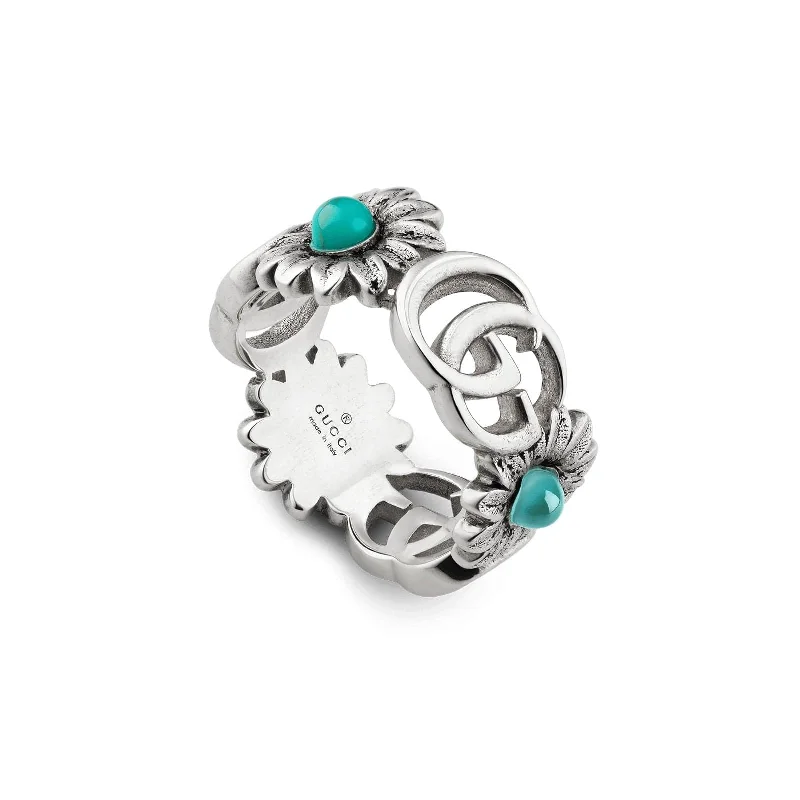 oval stone rings for women -Double G Flower Ring with Mother of Pearl and Blue Topaz (Size 14)