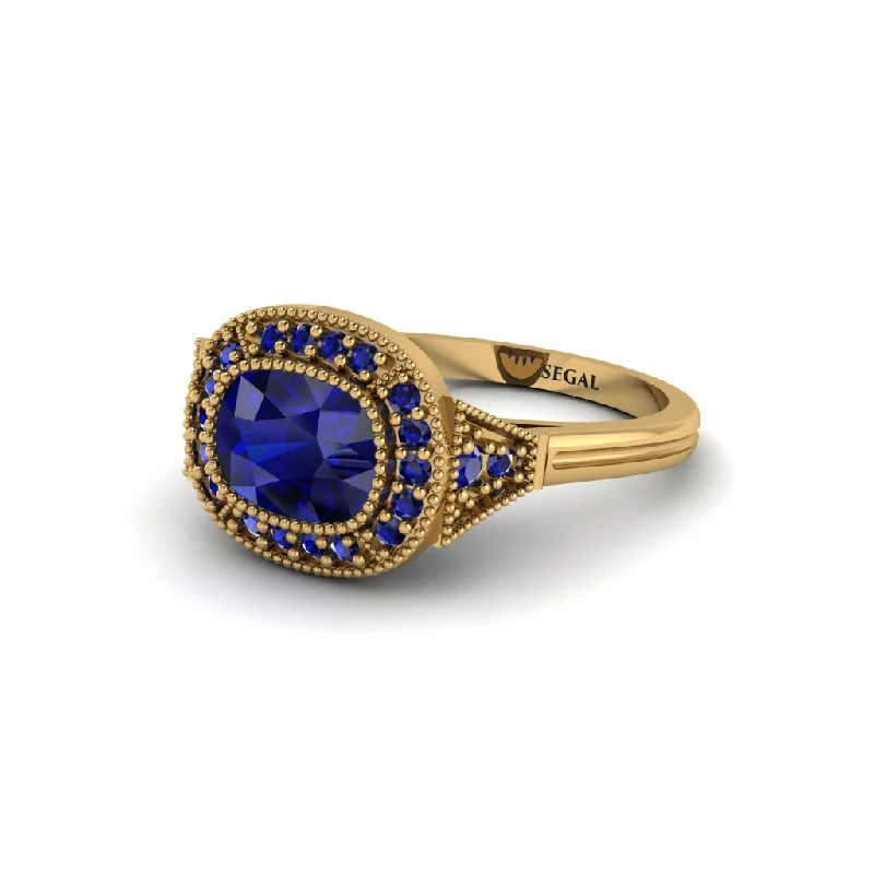 Cushion Cut Sapphire Milgrain Halo Engagement Ring - Blake No. 73