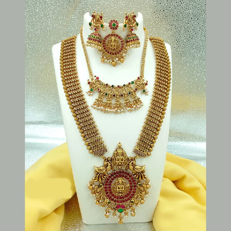 stylish silver necklaces for women -Joyful Jewel Art Matte Gold Plated Pota Stone Temple Long Necklace Combo