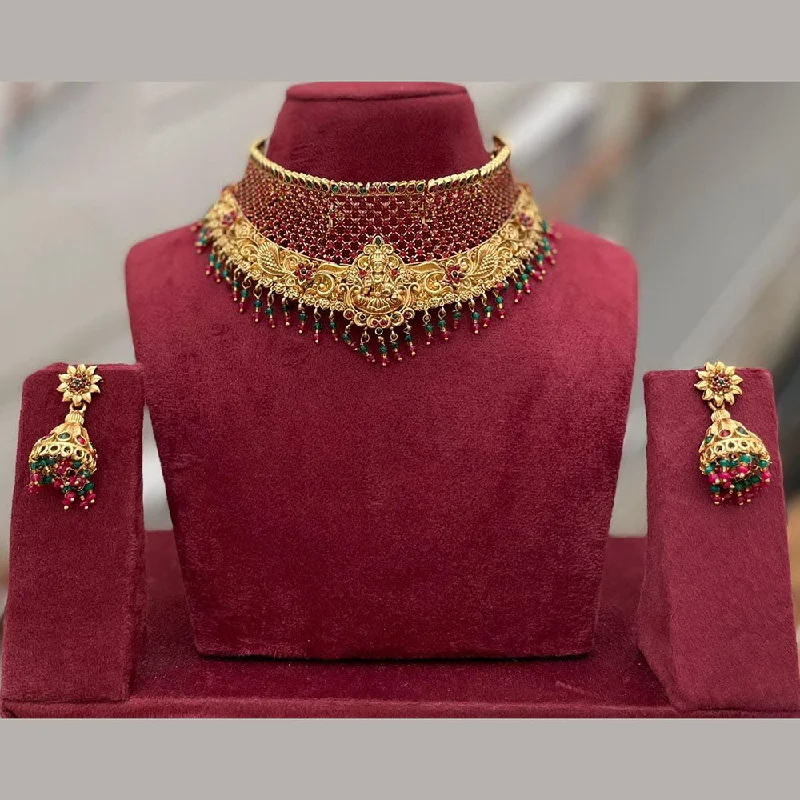 celestial necklaces for women -Manisha Jewellery Gold Plated Pota Stone And Pearls Temple Choker Necklace Set