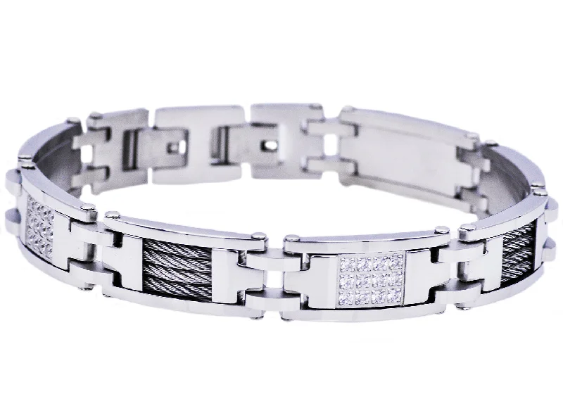 white gold bracelets for women -Mens Stainless Steel Wire And Cubic Zirconia Bracelet