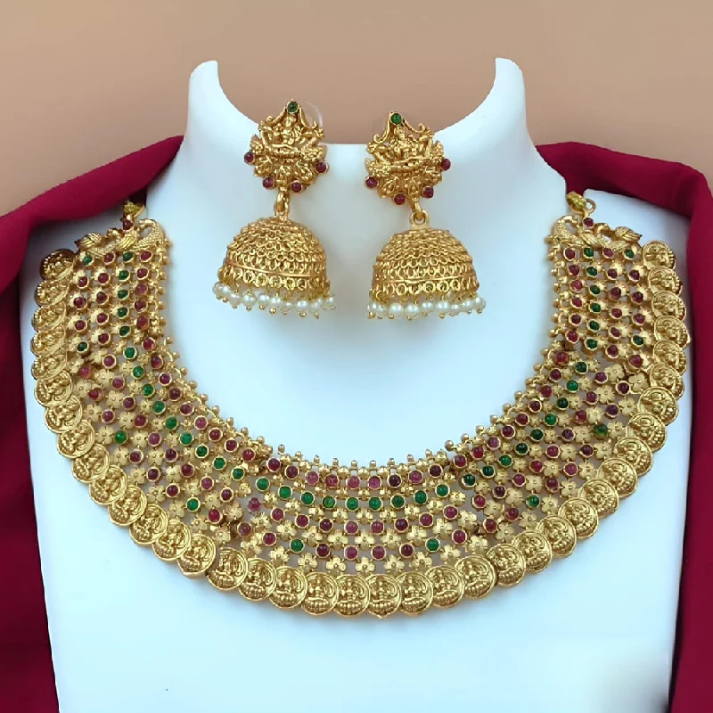 romantic necklaces for women -Joyful Jewel Art Matte Gold Plated Pota Stone Temple Necklace Set