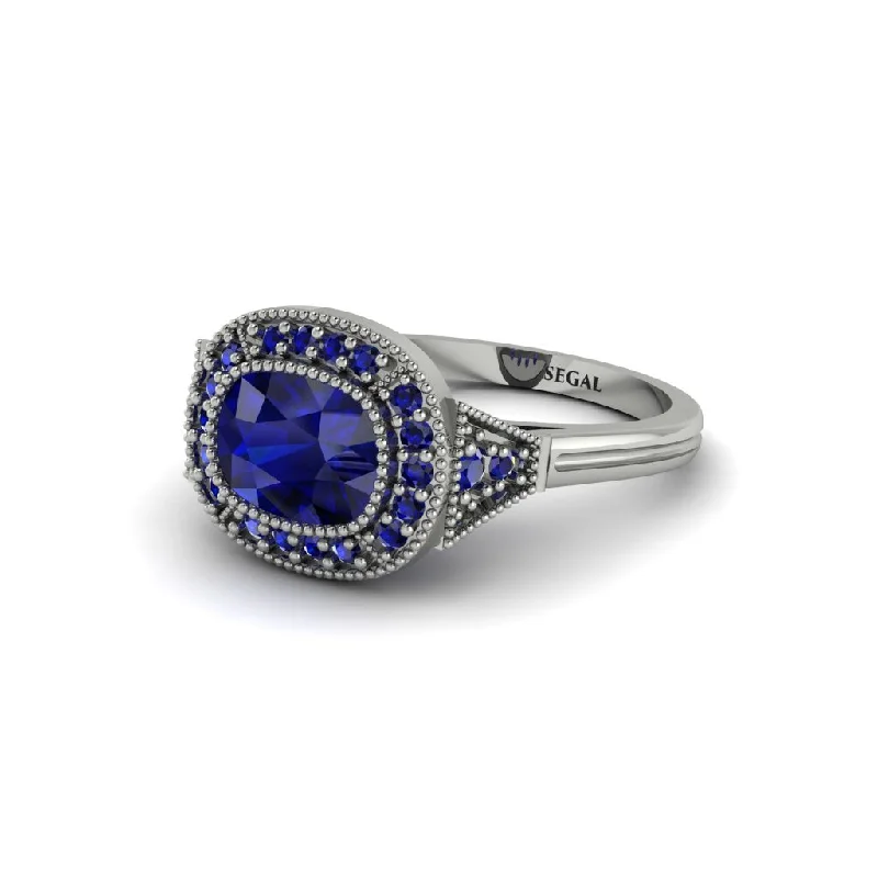 Cushion Cut Sapphire Milgrain Halo Engagement Ring - Blake No. 75