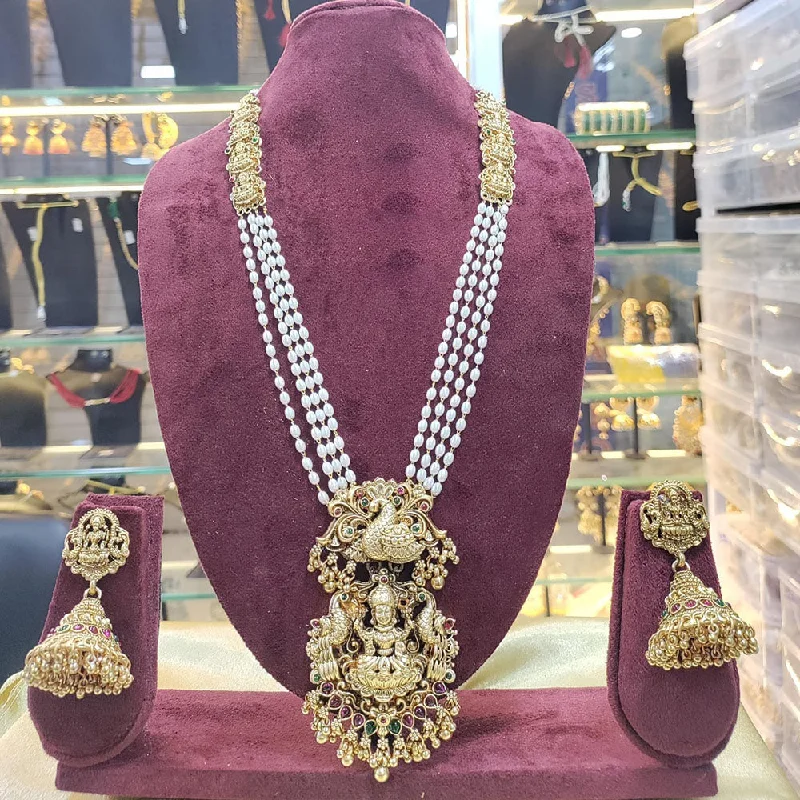 stylish necklaces for women -Manisha Jewellery Gold Plated Pota Stone And Pearl Temple Long Necklace Set