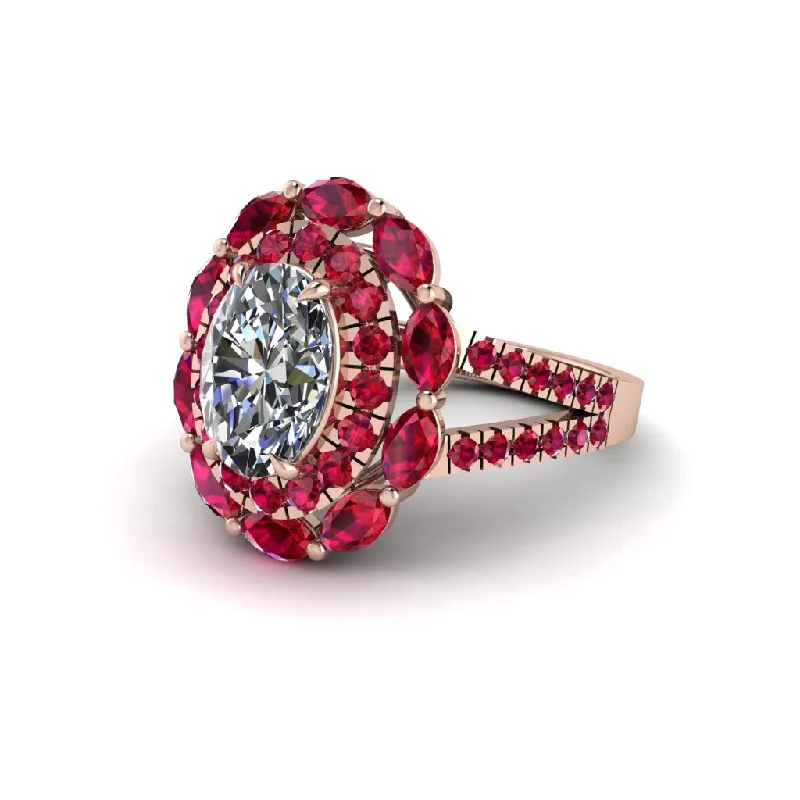 Ruby Double Halo Split Shank Oval Engagement Ring - Winona No. 47