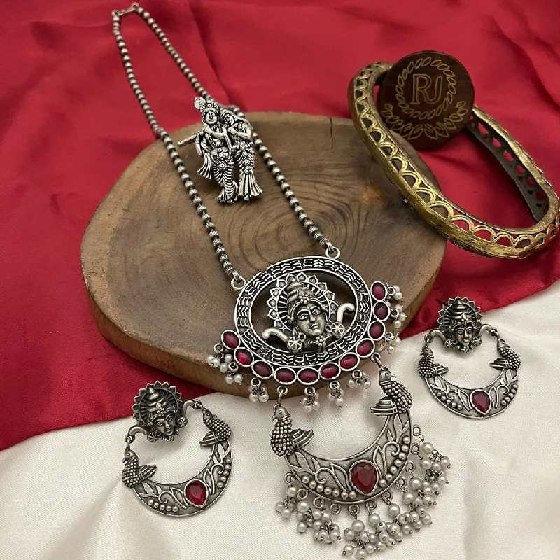 birthstone necklaces for women -FS Collection Oxidised Plated Pota Stone Temple Long Necklace Set