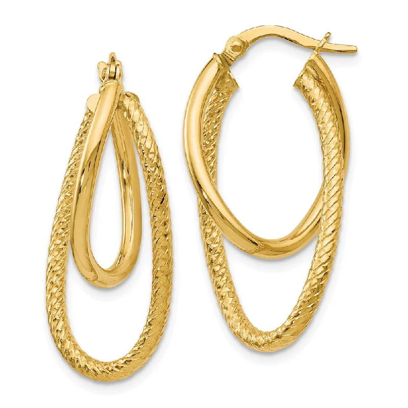 chunky earrings for women -Polished and Textured 14k Yellow Gold Bent Double Hoop Earrings, 32mm