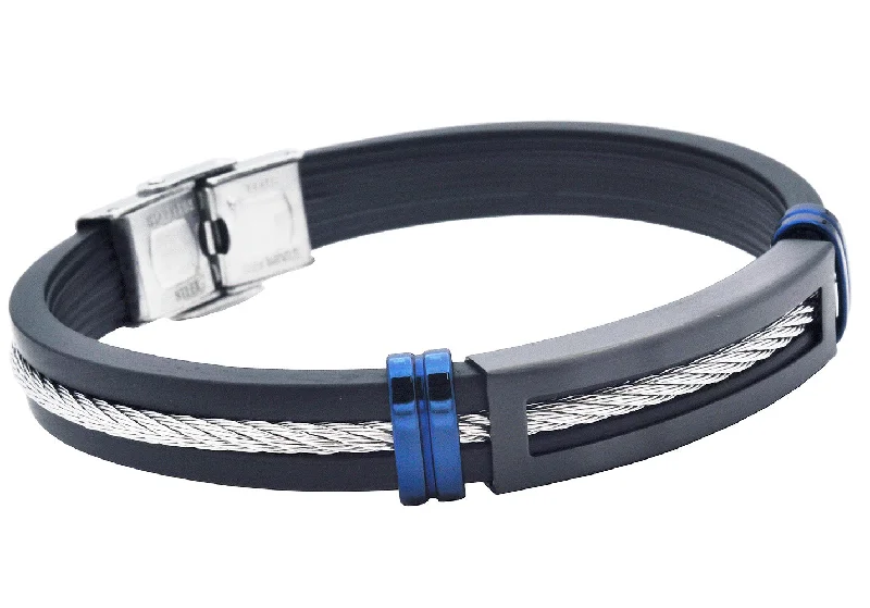 rope bracelets for women -Mens Black Silicone Black and Blue Stainless Steel Wire Bangle Bracelet