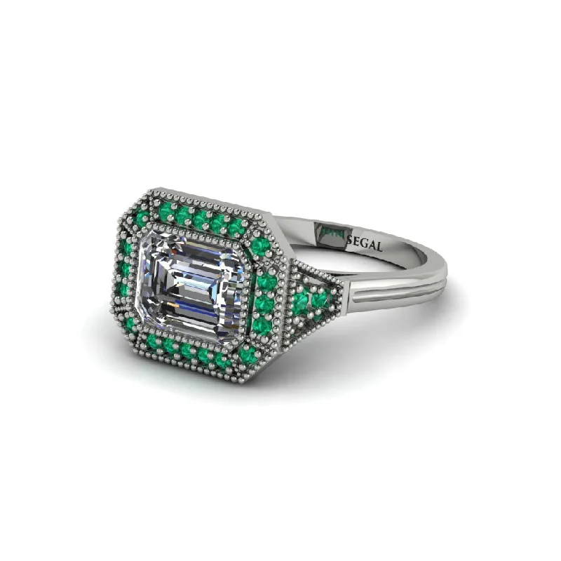 Emerald Cut Diamond Milgrain Halo Engagement Ring - Juniper No. 18