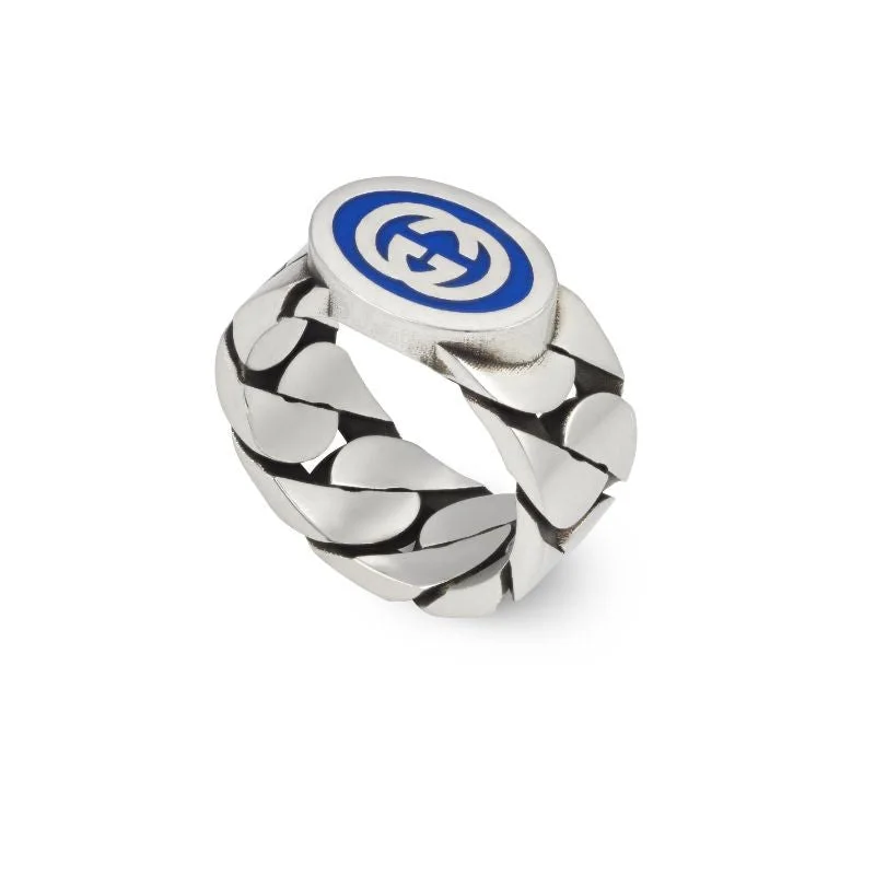 bold rings for women -STSLVR BLUE ENMAEL GUCCI INTERLOCKING G RING