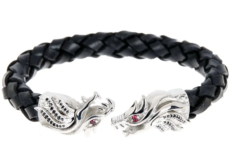 high-end bracelets for women -Mens Black Leather Stainless Steel Dragon Bracelet With Red And Black Cubic Zirconia