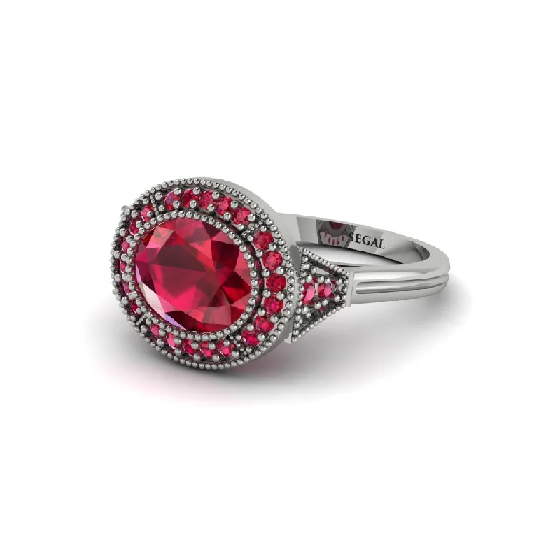 Oval Cut Ruby Milgrain Halo Engagement Ring - Alexandria No. 57