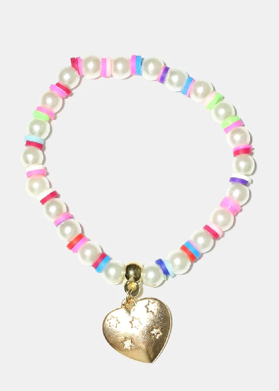 heart charm bracelets for women -Heart Charm Pearl & Bead Bracelet