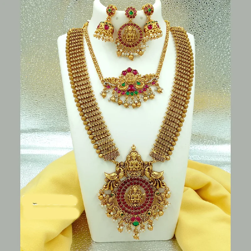 romantic necklaces for women -Joyful Jewel Art Matte Gold Plated Pota Stone Temple Long Necklace Combo