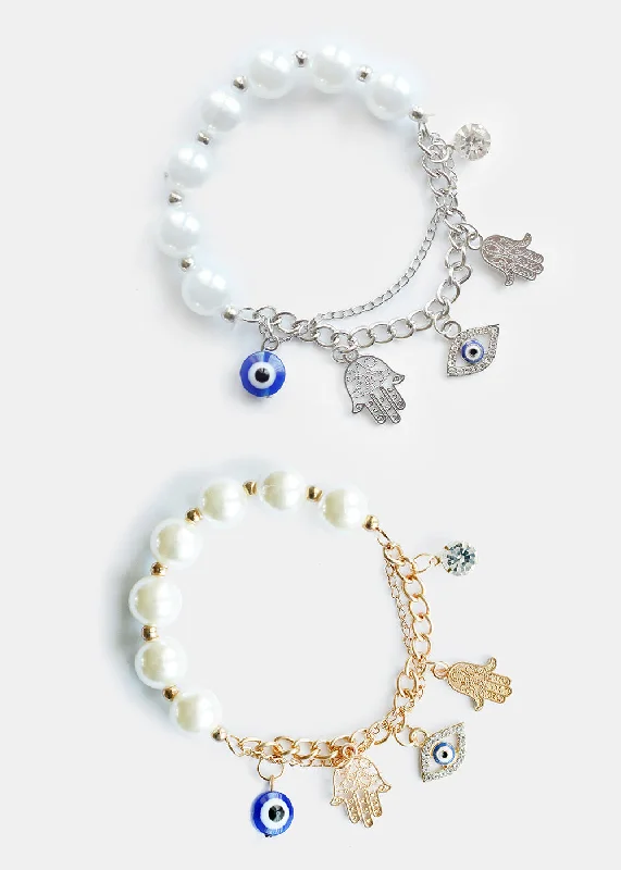 luxury bracelets for women -Hamsa Hand Charm Bracelet with Pearls