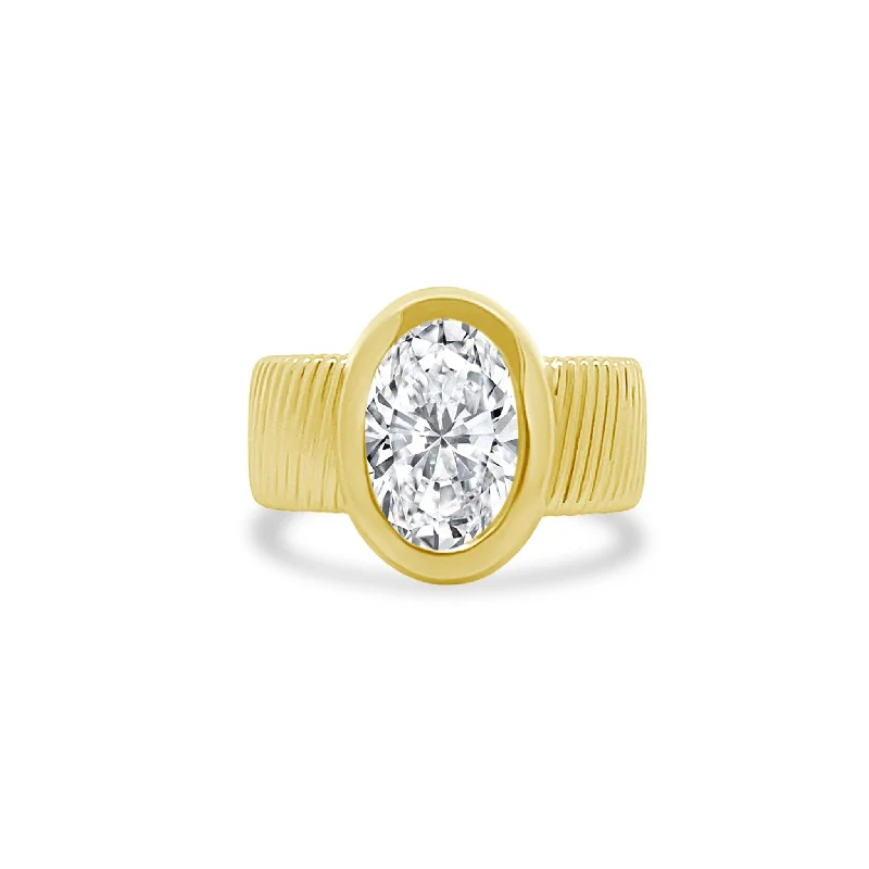 bold rings for women -Bezel Set Oval Cut Solitaire on Detailed Gold Band