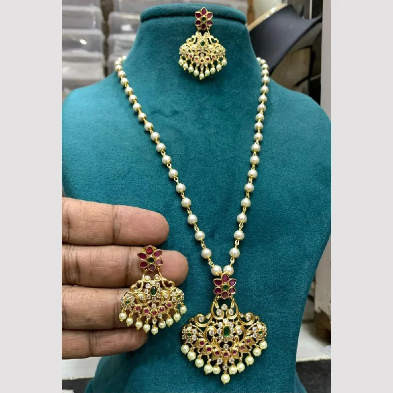 fashion-forward necklaces for women -Sona Creation Gold Plated Pota Stone And Pearls Temple Necklace Set