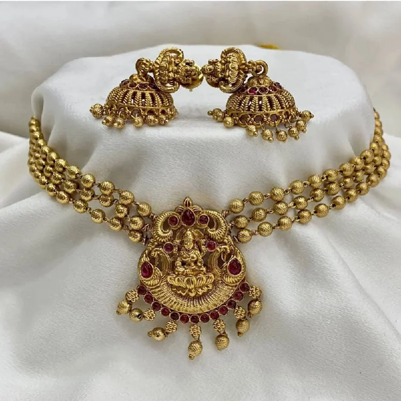 romantic necklaces for women -Joyful Jewel Art Matte Gold Plated Pota Stone Temple Choker Necklace Set