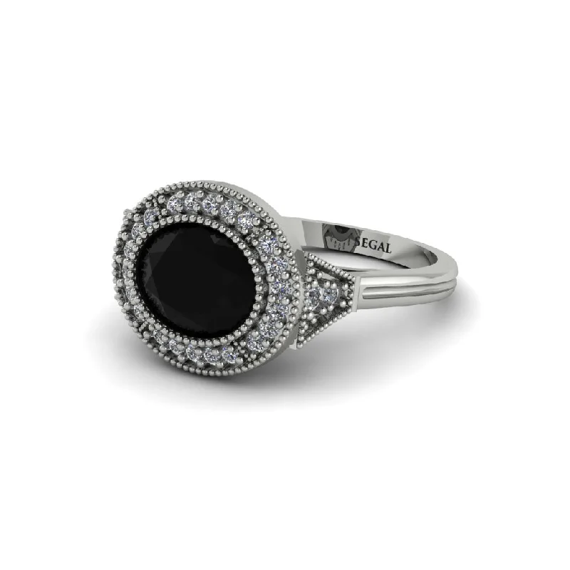 Oval Cut Black Diamond Milgrain Halo Engagement Ring - Alexandria No. 9