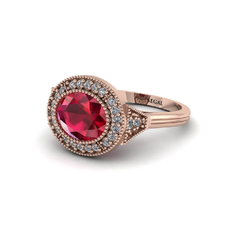 Oval Cut Ruby Milgrain Halo Engagement Ring - Alexandria No. 11