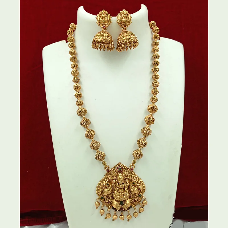 nature-inspired necklaces for women -Joyful Jewel Art Matte Gold Plated Pota Stone Temple Long Necklace Set