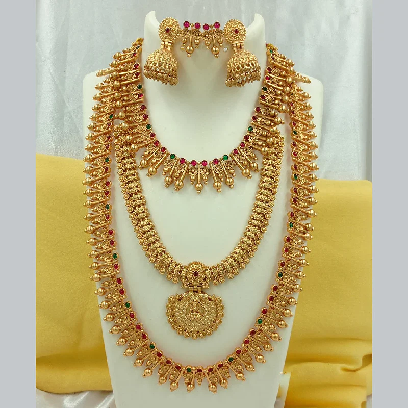 unique handcrafted necklaces -Joyful Jewel Art Matte Gold Plated Pota Stone Temple Long Necklace Combo