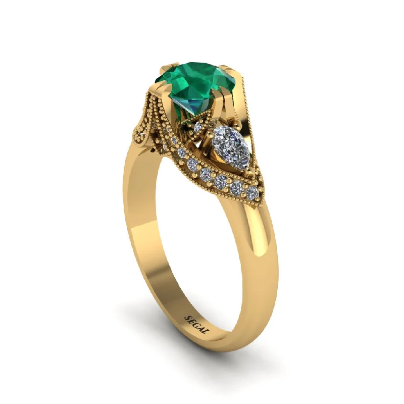 Emerald Vintage Round Cut Engagement Ring - Kali No. 4