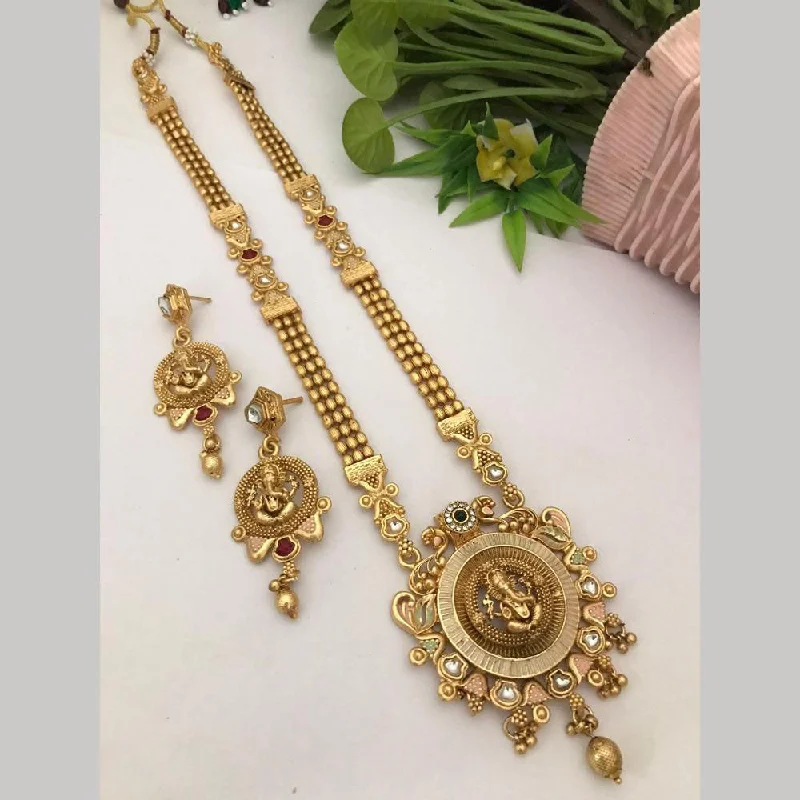 bar necklaces for women -FS Collection Gold Plated Pota Stone Meenakari Temple Long Necklace Set