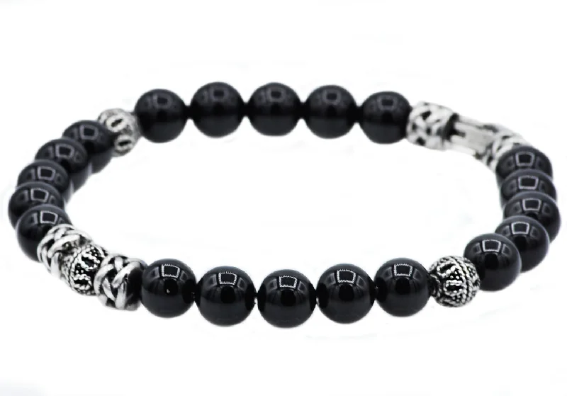 multi-stone bracelets for women -Mens Genuine Onyx Stainless Steel Beaded Bracelet