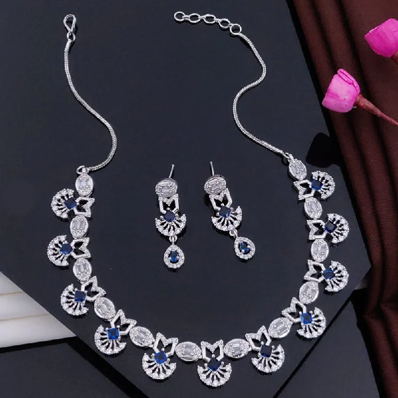 silver necklaces for women -Akruti Collection Silver Plated American Diamonds Necklace Set