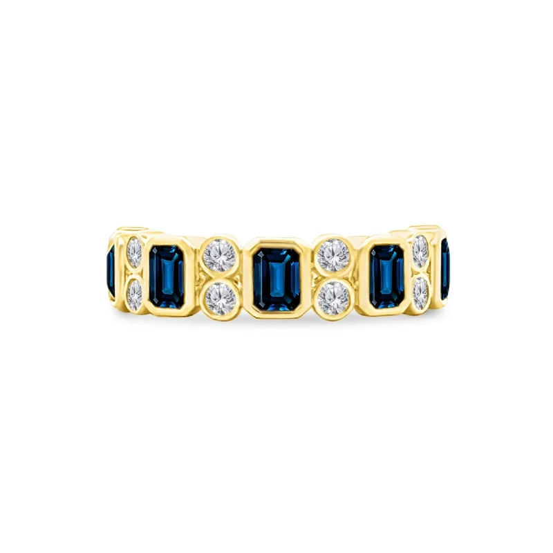 hammered rings for women -Alternating Emerald Cut Blue Sapphire & Double Diamond Bezel Band