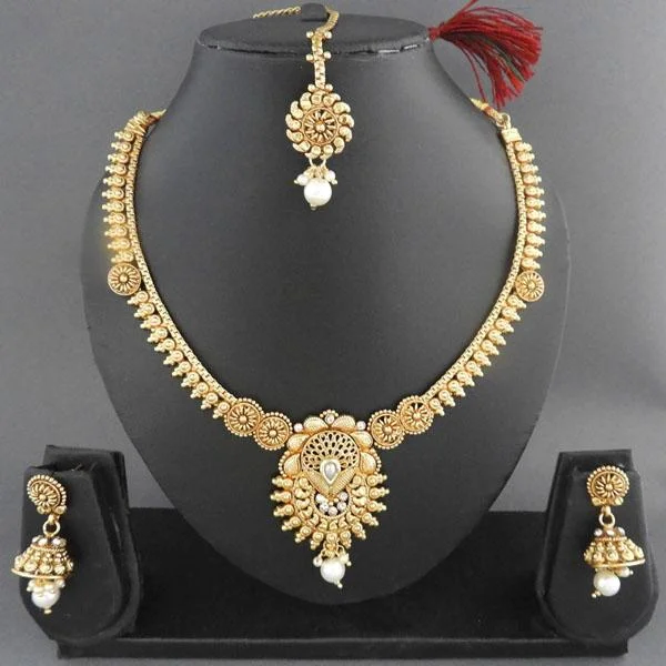 beaded necklaces for women -Darshana Jewels Copper Pearl Drop Necklace Set With Maang Tikka - FAP0008