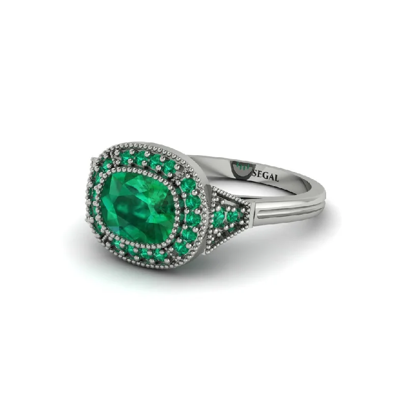 Cushion Cut Emerald Milgrain Halo Engagement Ring - Blake No. 21