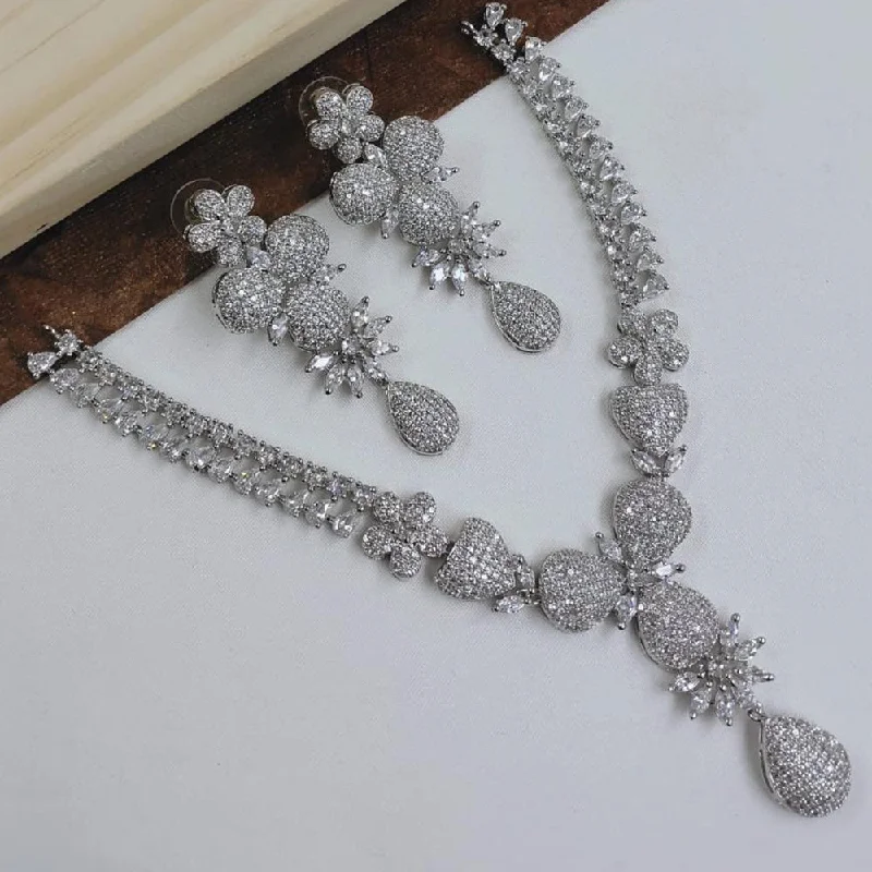 floral necklaces for women -SNERA Silver Plated American Diamond Necklace Set