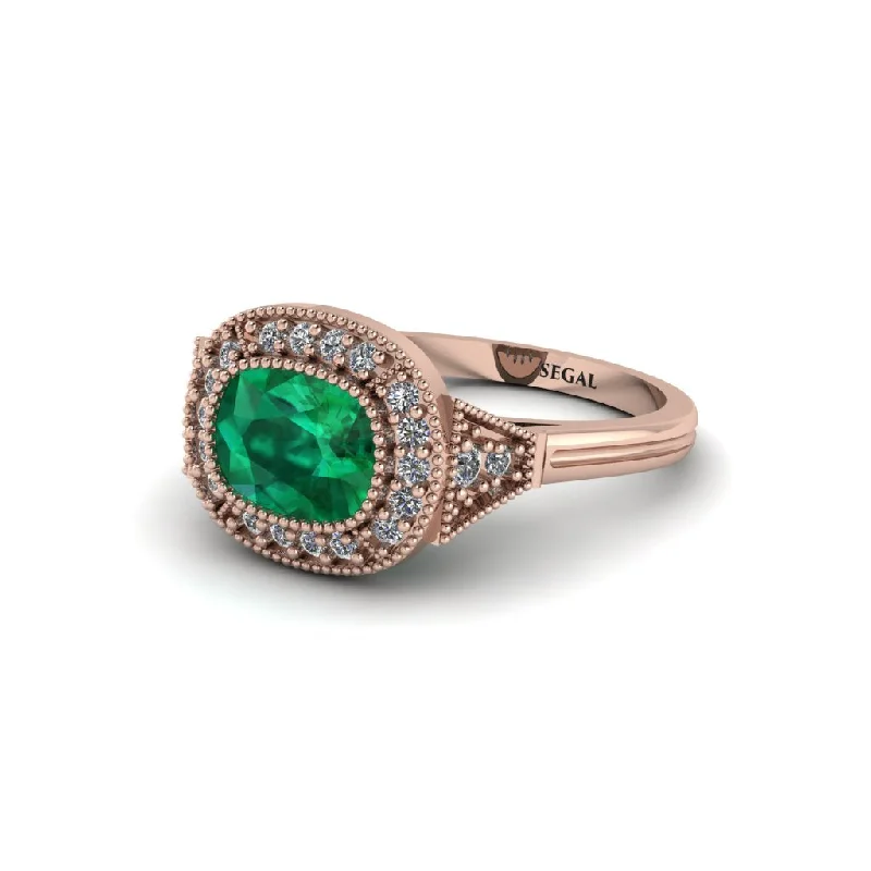 Cushion Cut Emerald Milgrain Halo Engagement Ring - Blake No. 5