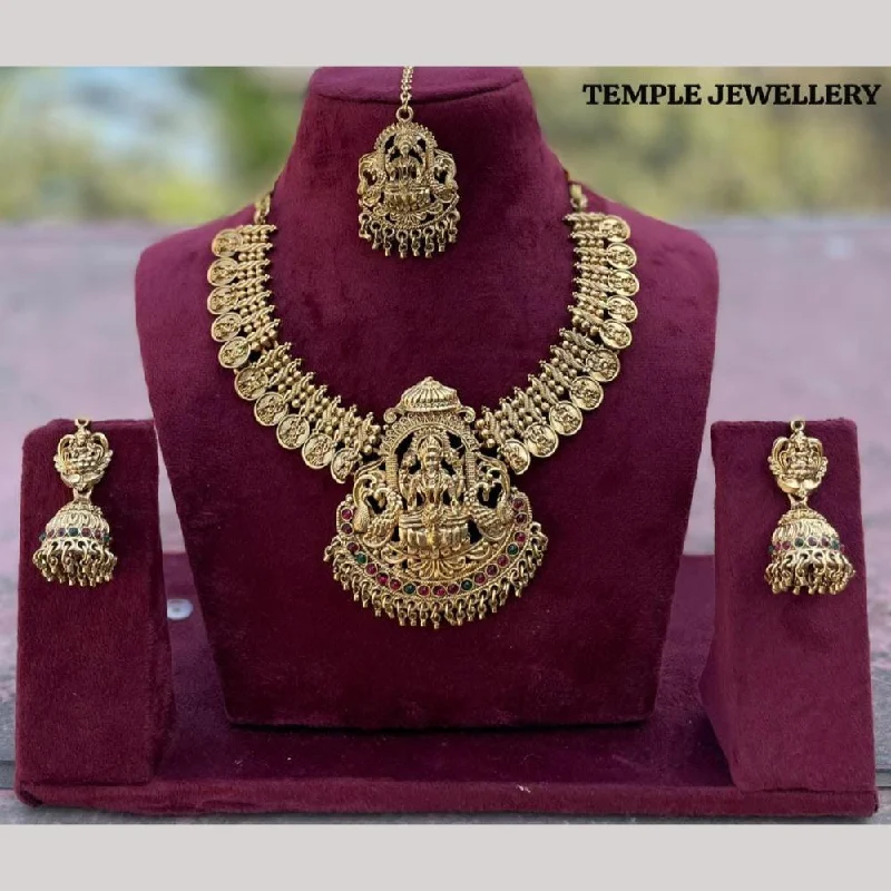 turquoise necklaces for women -FS Collection Gold Plated Pota Stone Temple And Pearls Necklace Set