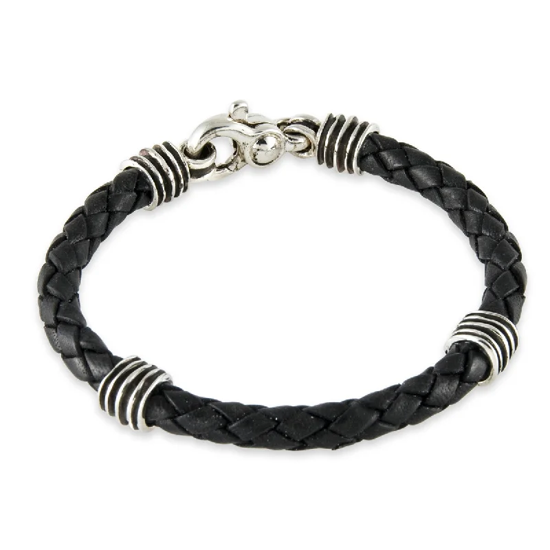 thick chain bracelets for women -Men's Waves Bracelet in Black Leather