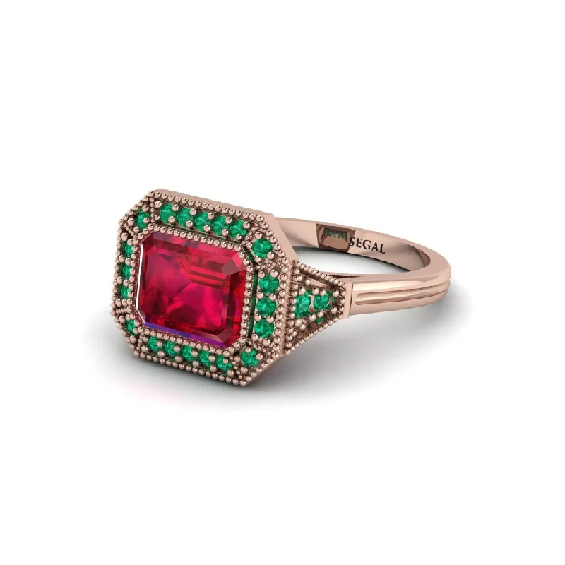 Emerald Cut Ruby Milgrain Halo Engagement Ring - Juniper No. 26