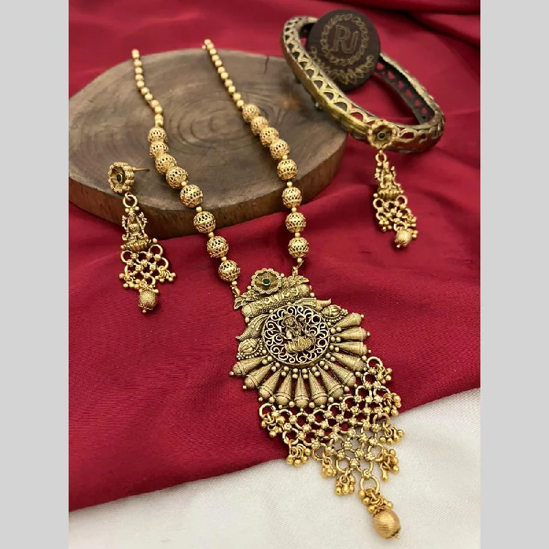 gold necklaces for women -FS Collection Gold Plated Pota Stone And Pearls Temple Long Necklace Set