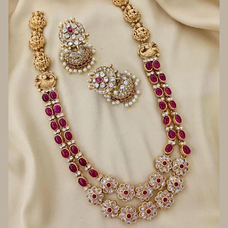 high fashion necklaces for women -FS Collection Gold Plated Crystal Stone Temple Long Necklace Set