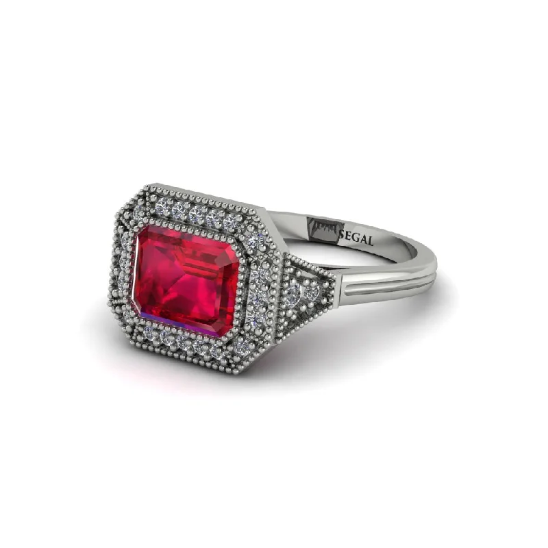 Emerald Cut Ruby Milgrain Halo Engagement Ring - Juniper No. 12