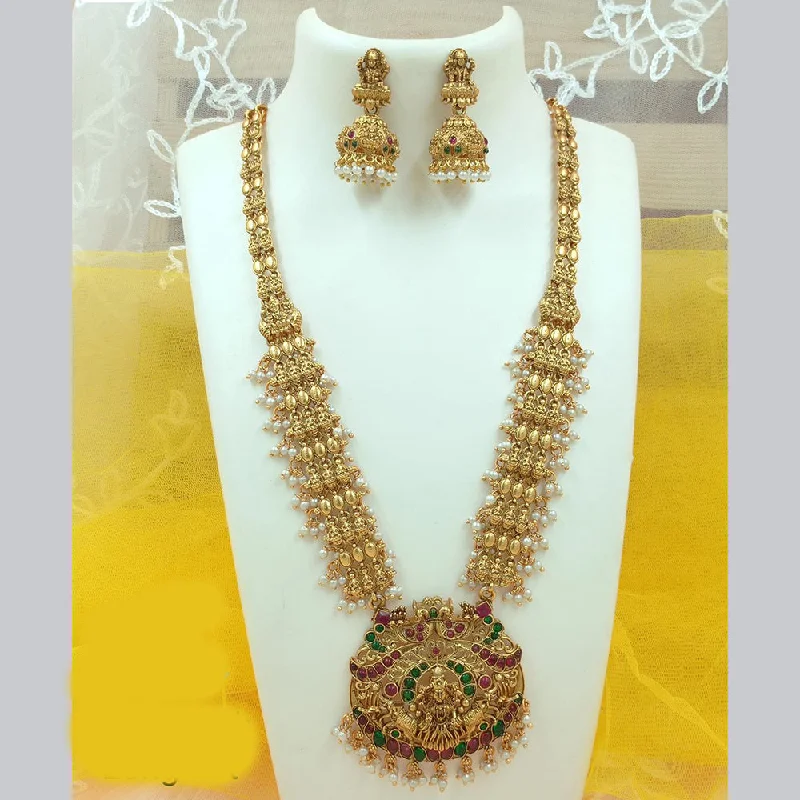 choker necklaces for women -FS Collection Gold Plated Pota Stone And Pearl Temple Long Necklace Set