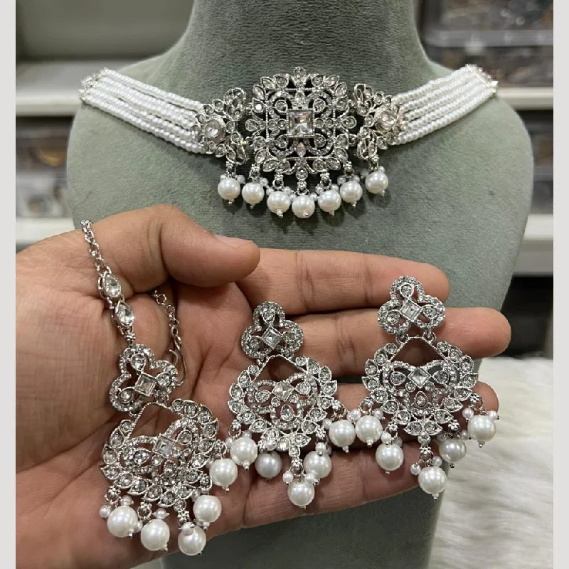 birth year necklaces for women -Hira Collections Silver Plated Crystal Stone And Pearls Choker Necklace Set